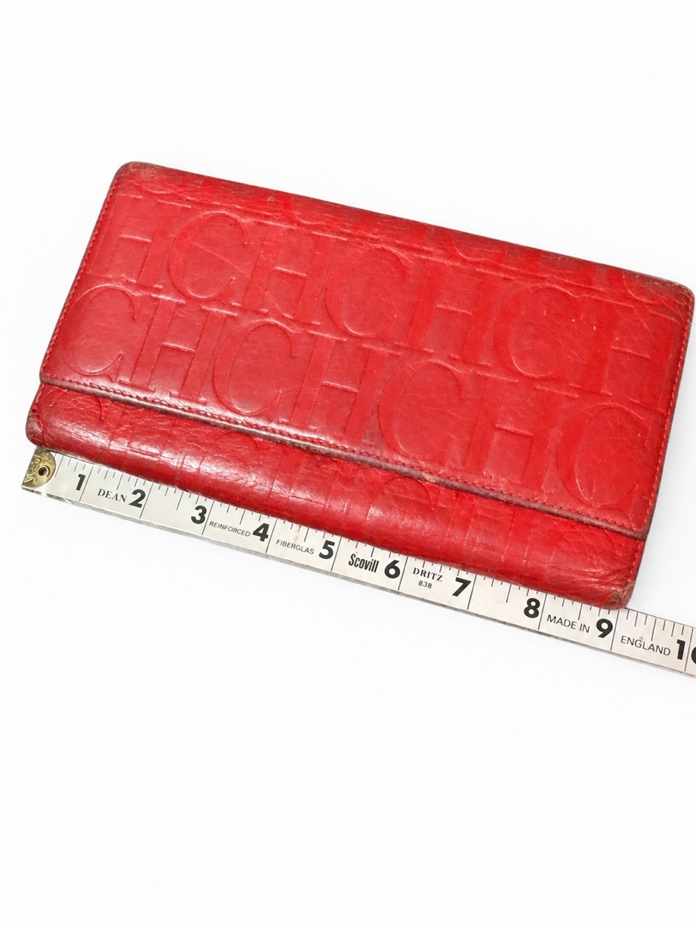 Red Carolina Herrera Embossed Leather Wallet with CH Pattern